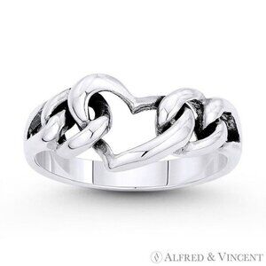 Heart, Curb Links, Splitshank Love Charm Ring in .925 Sterling Silver - Size 6